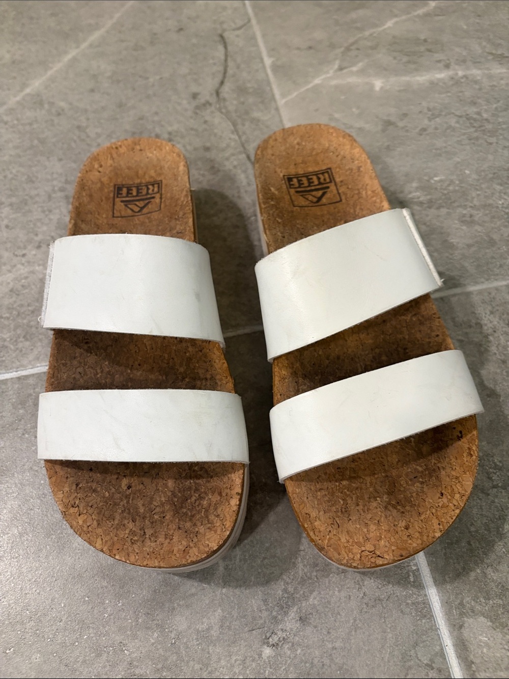 Reef White Double-Strap Cork Slide Sandals